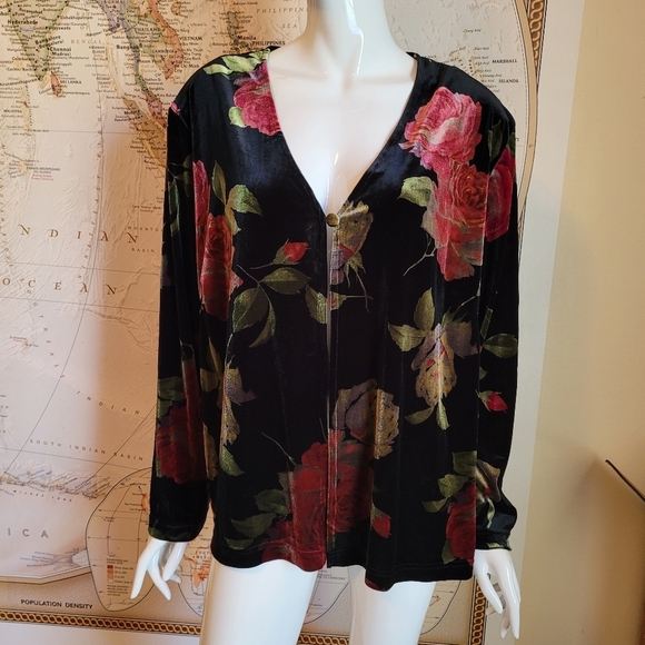 Dress Barn vintage v-neck velour lady jacket button front moody black floral 24 - Picture 1 of 12